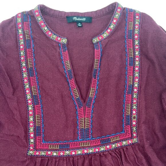 MADEWELL - Burgundy Embroidered Peasant Top (cotton/wool blend) - Size XS - Picture 2 of 7